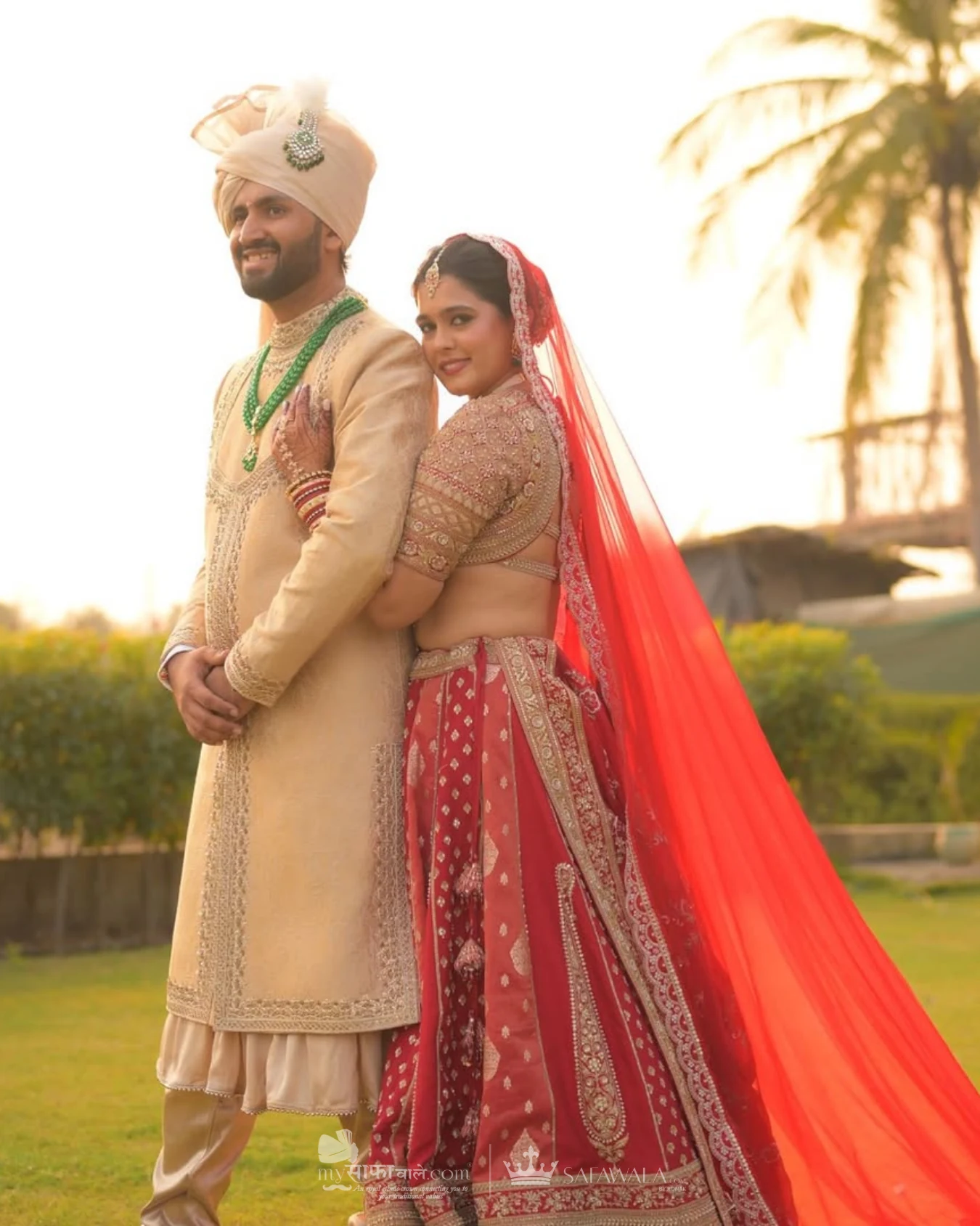 Classic groom pagdi styled with a red ceremonial stole for Bhangarwadi