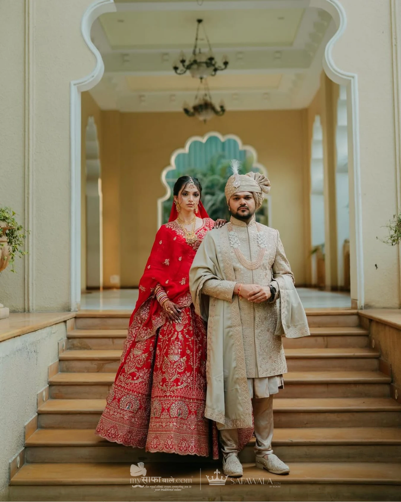 Coordinated ivory wedding pagdis for a formal celebration for Bhangarwadi